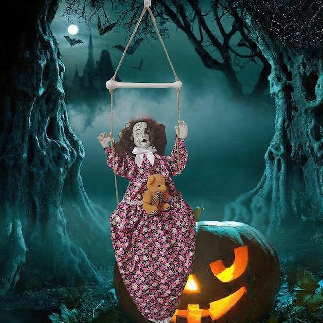 Decorazione per esterni di Halloween, grande altalena per ragazza fantasma, suono luminoso, scena horror