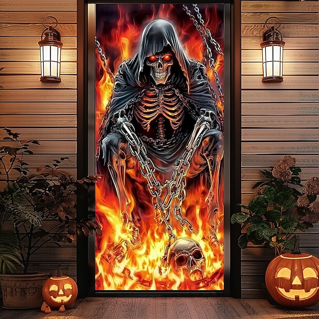  Halloween Dveřní Kryt – Kostlivec Žnec v Plamenech Banner na Vstup do Strašidelného Domu Hororová Venkovní Dekorace pro 2025 Halloween Ložnici Obývací Pokoj Koupelnu