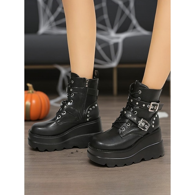  Damskie botki na platformie z nadrukiem nietoperza na Halloween – gotyckie, punkowe, sznurowane, bojowe buty na grubym obcasie na imprezy, cosplay i wieczorne wyjścia