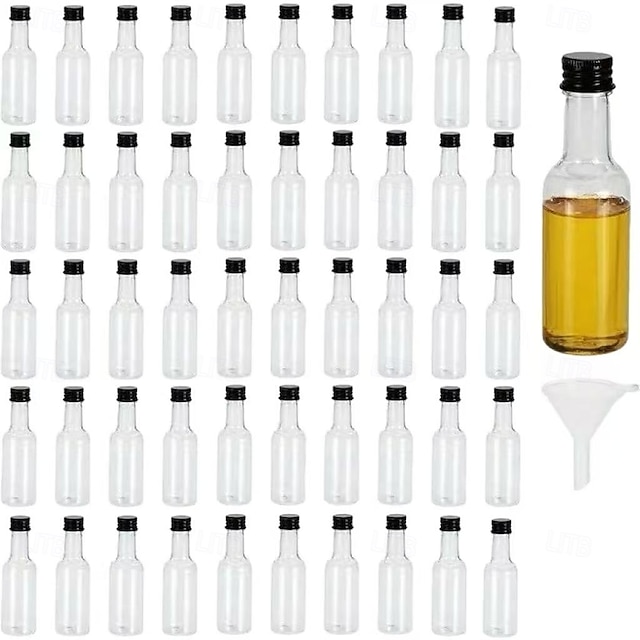  50 stk. mini-spritflasker med trakt og lokk, 50 ml/1,7 oz klare plastflasker til alkohol, festgaver til bryllup, bursdag, ølfestival, bararrangementer