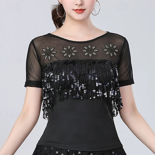  Taniec latynoamerykański Top Frędzel Czysty Kolor Łączenie Damskie Spektakl Szkolenie Krótki rękaw Wysoki Poliester