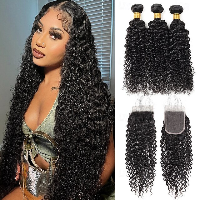  Extensions de cheveux humains bouclés ondulés, lot de 3, avec fermeture en dentelle 4x4, 25,4 à 71,1 cm, pour femmes noires