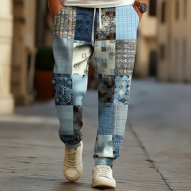 Men's Color Block Patchwork Sweatpants Joggers Trousers Mid Waist Drawstring Elastic Waist Ethnic Vintage Retro Jogging Streetwear Workout Athletic Sweatpants with Pockets Spring Fall 3D Print Blue4