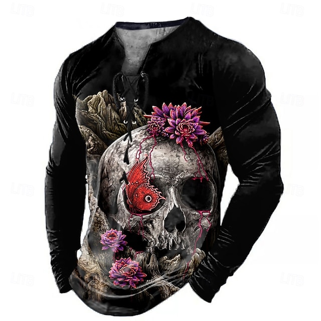  Camiseta masculina de Halloween com caveira 3D da Sarah Richter, camiseta Henley de manga comprida, estampa 3D, camiseta Henley com cadarço, moda casual, vintage e retrô