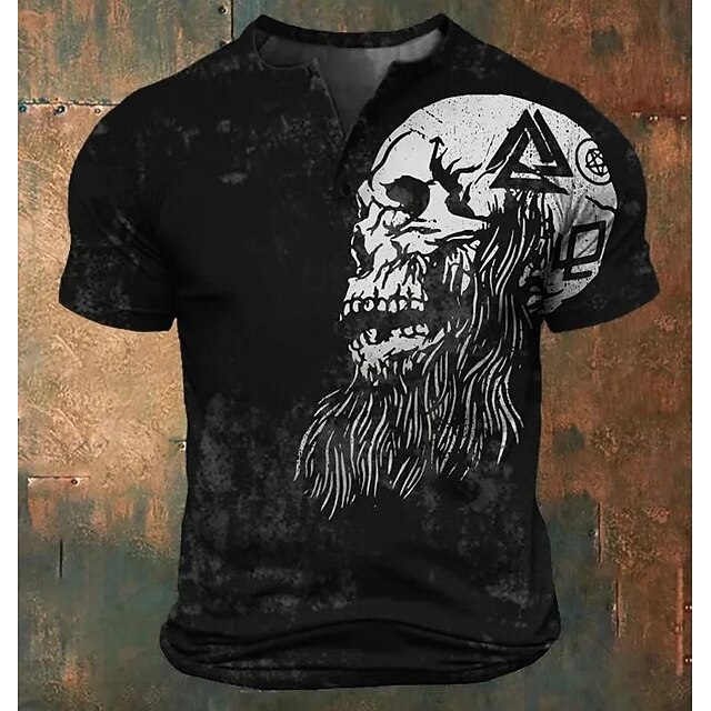 Men's Halloween Skull Skulls T Shirt Henley Shirt Short Sleeve Designer Retro Vintage Casual Street Casual Daily Summer Spring All Seasons Black Henley Henley T-Shirt4