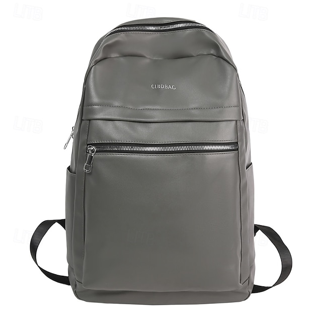  Grauer Kunstlederrucksack für Herren – minimalistische Laptoptasche mit Reißverschlusstasche vorne für Schule, Arbeit und den täglichen Weg zur Arbeit