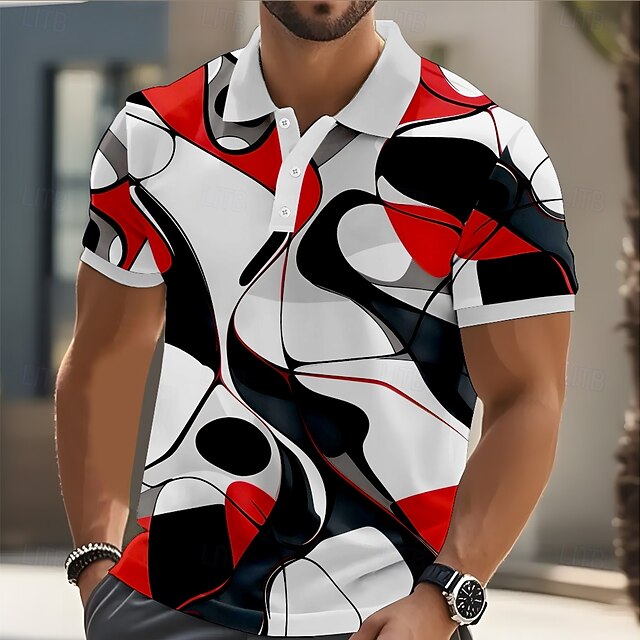 Men's Color Block Geometic Polo Short Sleeve Polo Shirts Collared Shirts Casual Street Athleisure Daily Wear 3D Print Buttons Summer Red4