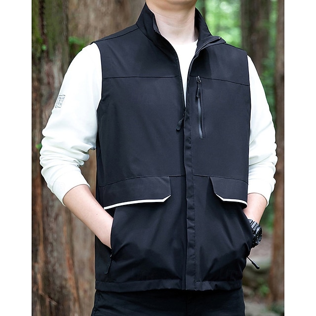  Men's Vest Gilet Outdoor Daily Fashion Casual Spring Fall Pocket Polyester Comfortable Plain Zipper Stand Collar Regular Fit Black Red Blue Khaki Vest
