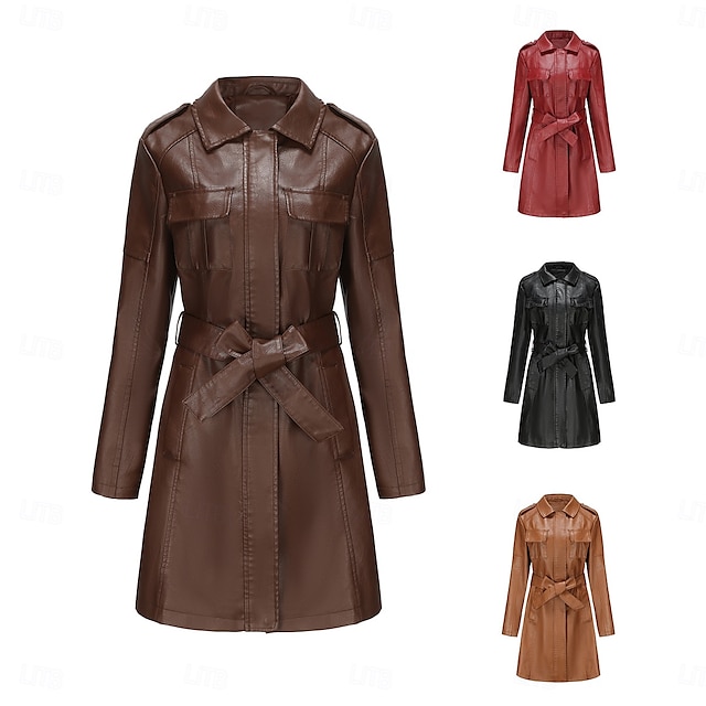  Women's Coat Windproof Comfortable Pocket Full Zip Fashion Street Style Plain Outdoor Casual Daily Long Turndown Regular Fit Long Sleeve Outerwear Black Burgundy Camel Fall Winter
