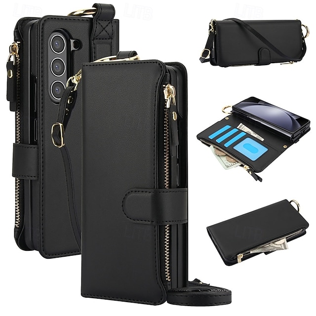  telefone Capinha Para Samsung Galaxy Dobra Z 6 Z Fold 5 Z Fold 4 Z Fold 3 Capa traseira Capa para Cartão Wallet Zíper com cordão Slot para cartão TPU Couro PU