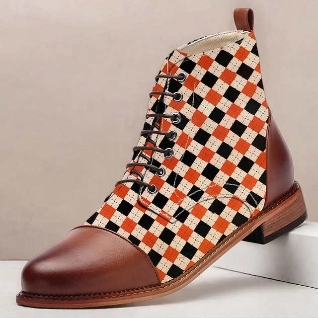  Botas masculinas de tecido jacquard xadrez com cadarço – botins estilo vintage retrô para looks criativos, festas e uso diário