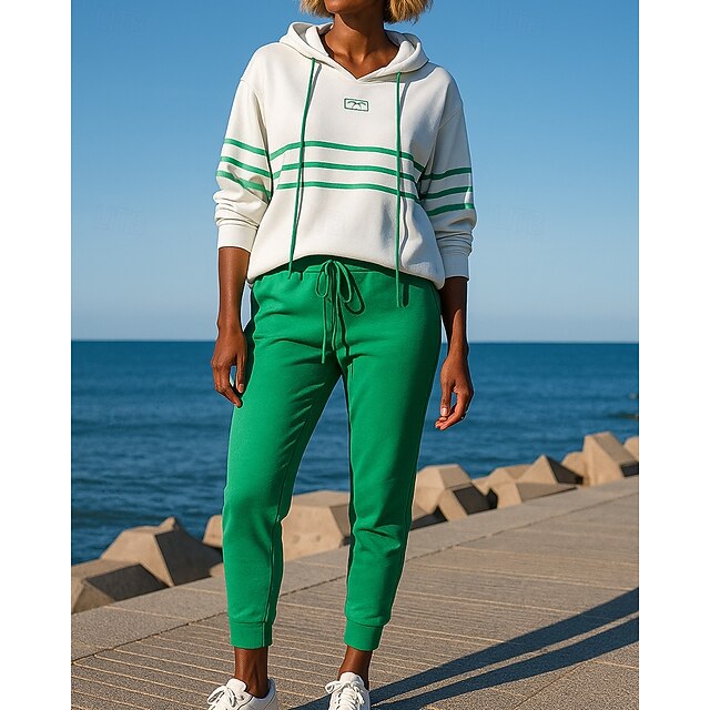 Women's Tracksuit Sweatpants Pullover Sweatshirt Drawstring Striped Clothing Suit Fall & Winter White Hiking Workout Athletic Windproof Lightweight Moisture Wicking Long Sleeve Sport Activewear4