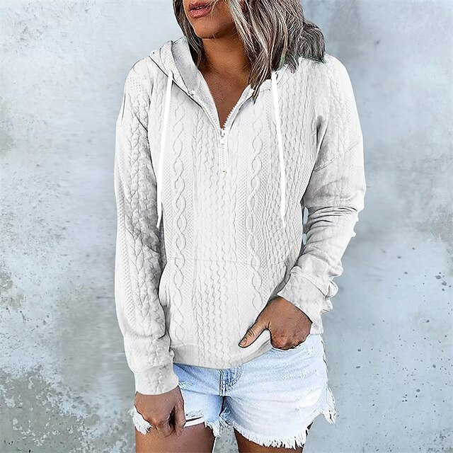 Women's Texture Sweatshirt Pullover Hoodie Sweatshirt Plain Streetwear Casual Comfy Long Sleeve Hooded Regular Tops Street Holiday Going out Half Zipper Quarter Zipper Print Quarter Zip Black White4