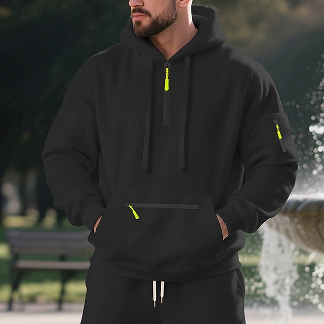  Męskie Bluza z Kapturem Bluza z kapturem na zamek błyskawiczny Bluza z kapturem Czarny Biały Granatowy Khaki Jasnoszary Kaptur Równina Kieszeń Quarter Zip Sport i turystyka Codzienny Święto Poliester