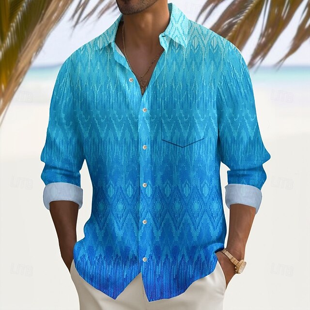 Men's Geometric Gradient Color Shirt Button Up Shirt Long Sleeve Fashion Casual Vacation Daily Streetwear Spring Fall Turndown 3D Print Collared Shirts Front One Pocket Blue4