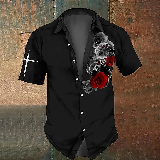 Men's Cross Halloween Costumes Day of the Dead Shirt Summer Shirt Button Up Shirt Short Sleeve Dark Punk Gothic Style Holiday Streetwear Summer Turndown 3D Print Linen Like Shirt Black4