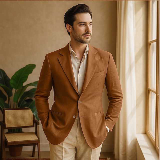  Hommes Blazer 100% lin Veste blazer Blazer en lin Formel Mariage Noël Élégant ancien Été Printemps 100% Lin Couleur Unie Avec Poches Boutonnage simple deux boutons veste Noir Blanche Orange Vert
