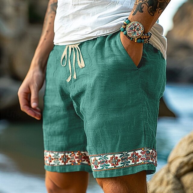 Men's Shorts Linen Shorts Summer Shorts Beach Shorts Drawstring Patchwork Elastic Waist Plain Comfort Breathable Knee Length Outdoor Daily Holiday Vacation Hawaiian Green2