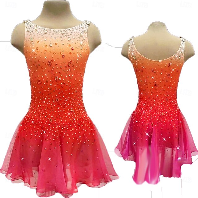 Figure Skating Dress Women's Girls' Ice Skating Dress Orange Thumbhole Halo Dyeing High Elasticity Professional Competition Skating Wear Thermal Warm Crystal / Rhinestone Sleeveless Ice Skating3