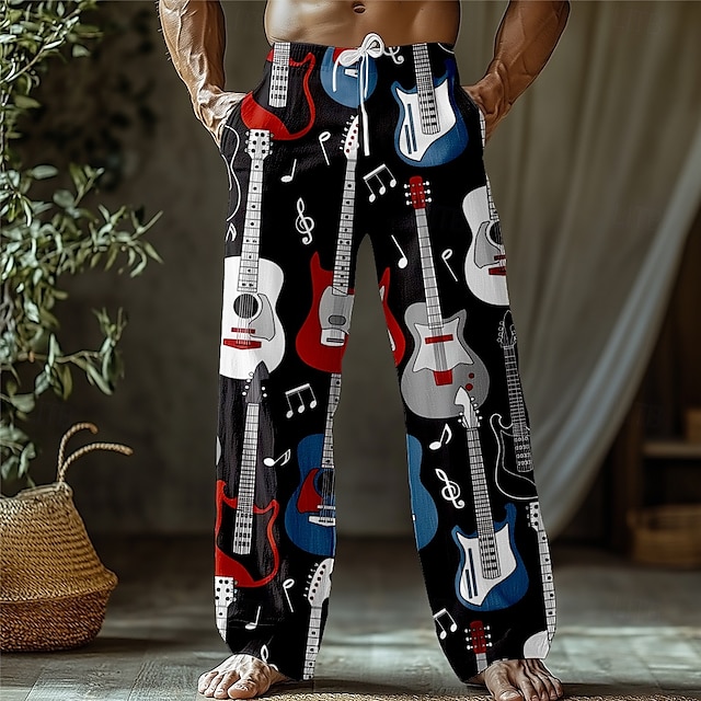  Men's Guitar Musical Instrument Trousers Baggy Pants Casual Pants Mid Waist Retro Vintage Outdoor Holiday Side Pockets Elastic Waist Wide Leg Summer Spring 3D Print Black