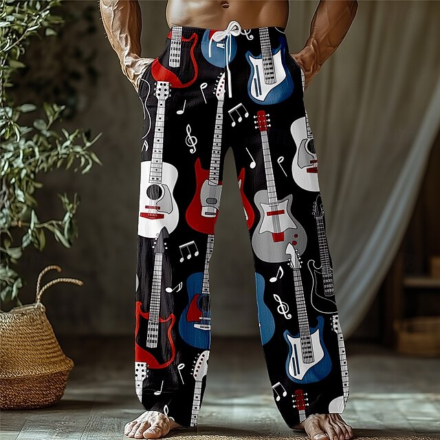 Men's Guitar Musical Instrument Trousers Baggy Pants Casual Pants Mid Waist Retro Vintage Outdoor Holiday Drawstring Side Pockets Elastic Waist Summer Spring 3D Print Black4
