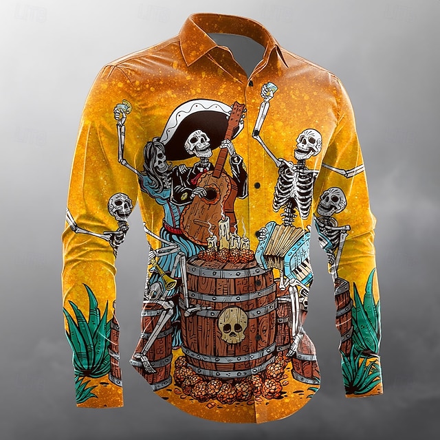  Chemise boutonnée à manches longues pour homme avec têtes de mort et guitare « Lever un verre » par David Lozeau, édition limitée