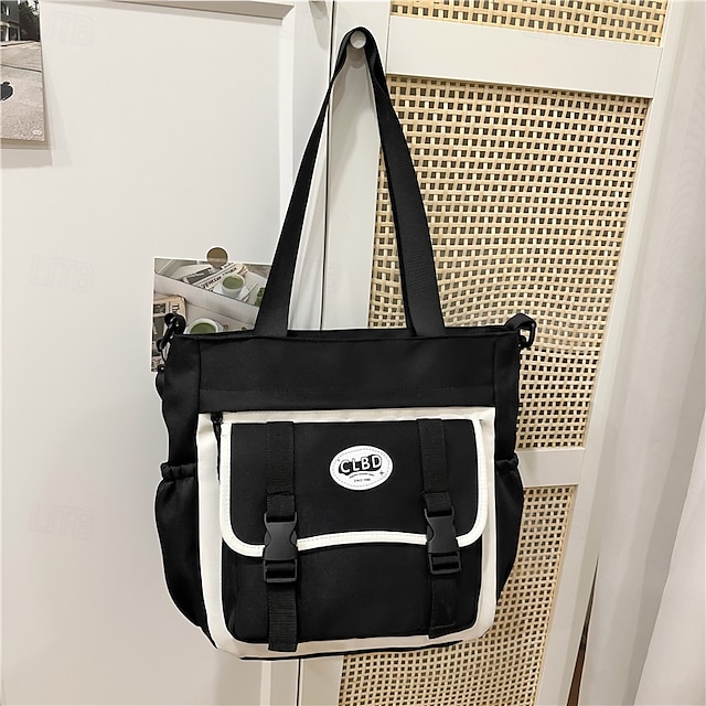  Women's Black and White Canvas Tote Bag – Casual School Shoulder Bag with Front Buckle Pocket for Teen Girls & College Students