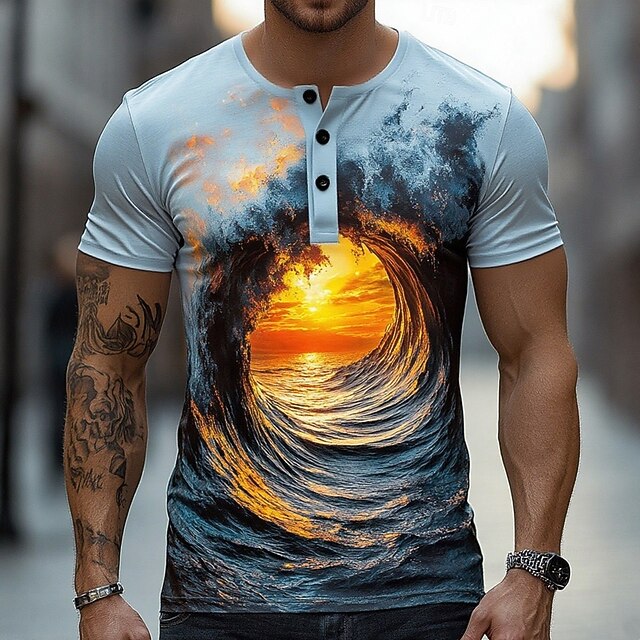Men's 3D Nature T Shirt Henley Shirt Short Sleeve Designer Retro Vintage Casual Street Casual Daily Summer Spring Blue Henley Henley T-Shirt4