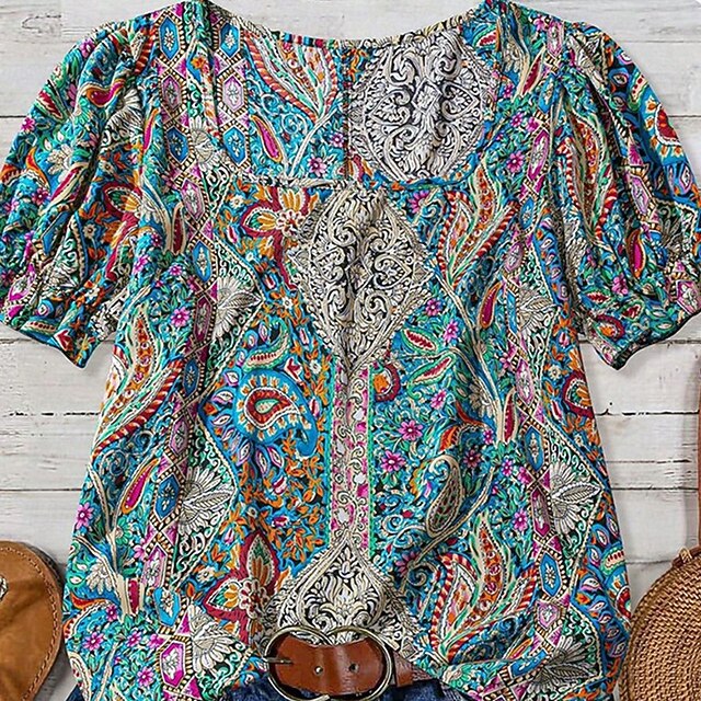 Women's T Shirt Print Fashion Modern Short Sleeve Square Neck Regular Tops Daily Print Blue Summer4