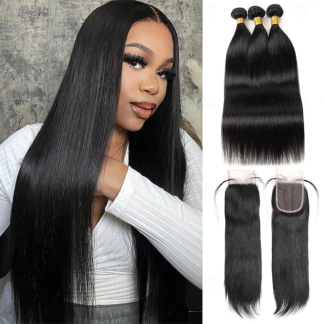  Extensions de cheveux humains raides, lot de 3 mèches avec fermeture en dentelle 4x4, 25,4 à 71,1 cm, pour femmes noires