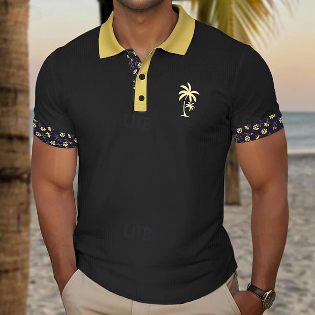 Kentucky Derby Men's Plaid Palm Tree Golf Shirt Short Sleeve Polo Shirts Collared Shirts Casual Beach Wear Vacation Wear Tropical Wear Party Outfits Buttons 3D Print Summer Black White Navy Blue 7