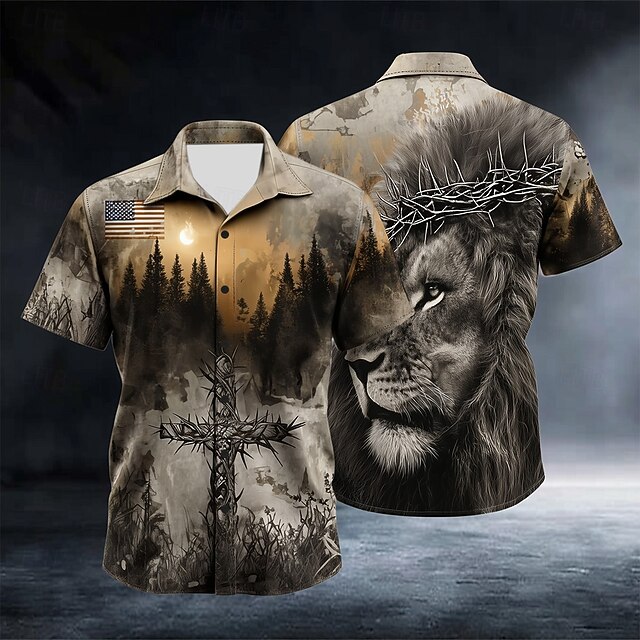 Men's Lion Templar Cross Shirt Summer Shirt Button Up Shirt Short Sleeve Vintage Retro Dailywear Holiday Summer Spring Turndown 3D Print Collared Shirts Gray4