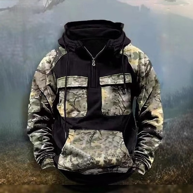  Hombre Sudadera Sudadera con capucha y cremallera de un cuarto Sudadera táctica con capucha Negro Verde Ejército Burdeos Azul Real Caqui Con Capucha Color Camuflaje Retazos Deporte Casual Diario Ropa