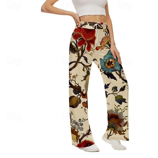Women's Wide Leg Slacks Streetwear Casual Full Length Natural Flower Print Elastic Drawstring Design Comfy Daily Wear Weekend Red Fall Regular Fit4