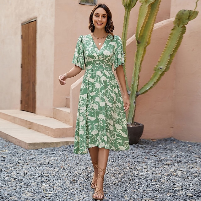  Damen Midikleid Sommerkleid A Linie Kleid Urlaub Party Lässig Schmetterling Party Ausgehen Strand Standard Passform Blumen Grafik Kurzarm V Ausschnitt Grün Sommer Frühling Herbst