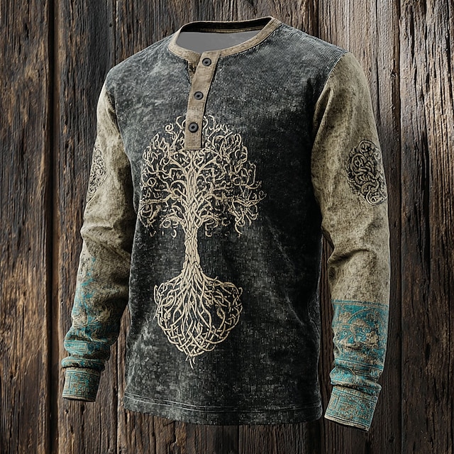  Pánské Grafika Strom Tričko Henley Grafická trička Dlouhý rukáv Vinobraní Módní Roztomilý Ležérní Dovolená Jdeme ven Jaro Podzim Jaro & podzim Černá Henley Tričko Henley