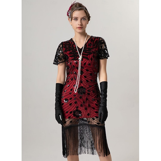  Retro Řvoucí 20s 20. léta 20. století Ke kolenům Bubenové šaty Koktejlky Krátké rukávy Velký Gatsby Buben dívka Flitry Třásně Do V Maškarní kostým Dámské Vánoce Karneval Svatební Večerní oslava