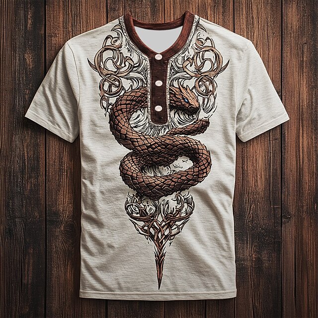 Men's Snake T Shirt Henley Shirt Short Sleeve Designer Retro Vintage Retro Street Casual Daily Summer Spring Beige Henley Henley T-Shirt4