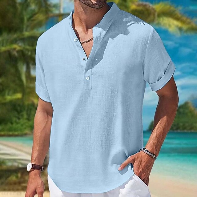 Men's Shirt Linen Shirt Summer Shirt Beach Wear Plain Vacation Casual Blue Green Khaki Short Sleeve Mandarin Collar Summer Spring & Summer Clothing Apparel Color Block4