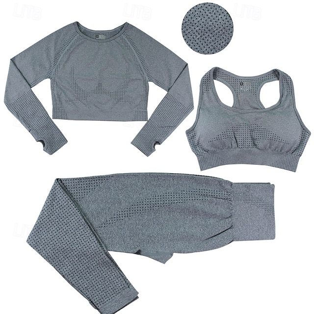  Mulheres Macacão de ioga com franzido Moletom de ioga Trajes de lazer Outono Côr Sólida Conjuntos Cinzento Escuro Preto Treino de Ginástica Cintura Alta Esticar Respirável Manga Longa Esporte Roupas