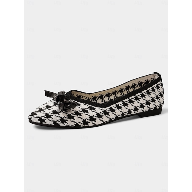  Dames pied-de-poule gebreide puntige platte schoenen – elegante instappers met strikdetail voor casual, kantoor- en weekendkleding