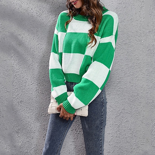  Női Pulóver Alkalmi Kockás Vaskos Terített nyak Kötött Hosszú ujj Crop Tops Kötött Napi Szabadság Alkalmi Lóhere Ősz Tél