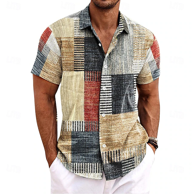 Men's Shirt Linen Shirt Retro Shirts Vintage Shirt Ethnic Shirt Plaid Checkered Outdoor Home Blue khaki Gray Short Sleeve Turndown Summer Clothing Apparel 6