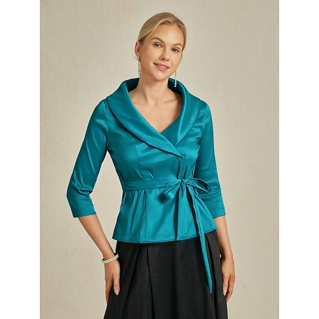  Mulheres Blusa Tops de noite Elegante Metálico à moda Manga 3/4 Decote V Tops regulares Convidado do casamento Festa de Noite Semi formal gravata na frente Azul-petróleo profundo Primavera / Outono