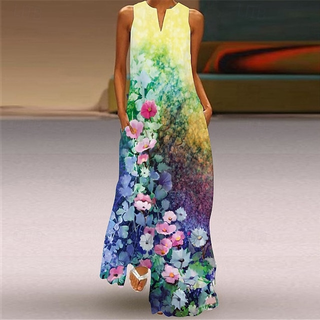 Pentru femei Rochie Lunga Rochie Maxi Rochie casual Rochie de vară Modă Clasic Modern În aer liber Vacanță Concediu Fit regulat Floare Fără manșon În V Galben Toamnă