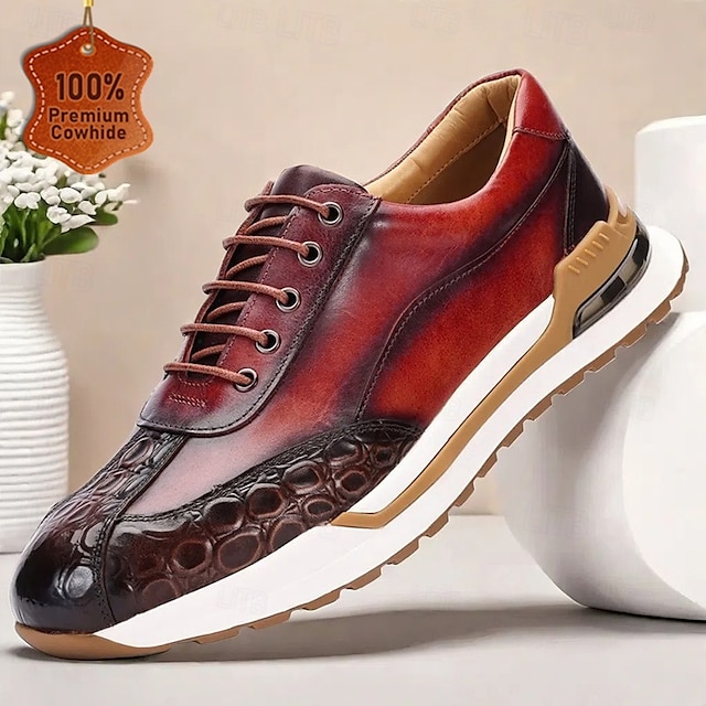  Men's Premium Cowhide Leather Sneakers with Crocodile Texture and Lace-Up Design – Casual Athletic Shoes for Everyday Wear
