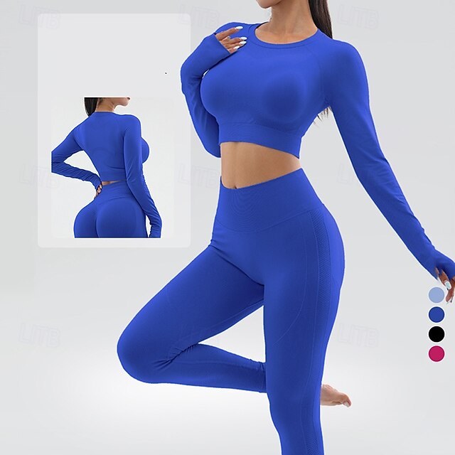  Per donna 2 Pezzi Tuta da yoga Abiti da salotto Leggings senza cuciture Autunno Tinta unica Completo Abbigliamento Nero Blu Reale Allenamento in Palestra Pallavolo Corsa Vita Alta Asciugatura Rapida