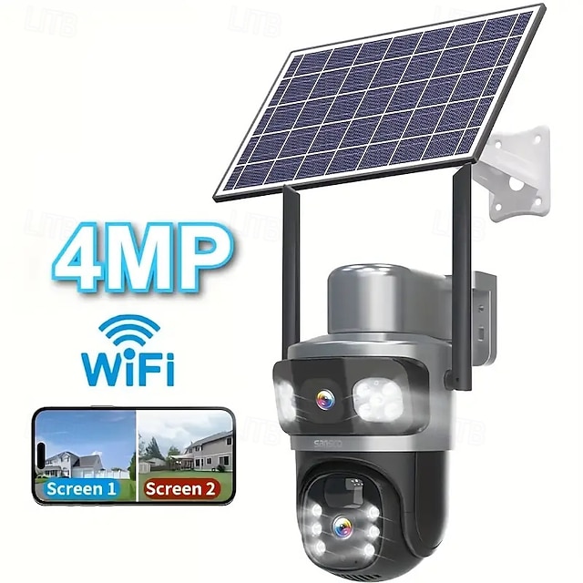  Caméra de sécurité extérieure sans fil à double objectif alimentée par énergie solaire, résolution de 8 mégapixels, rotation panoramique/inclinaison à 355 ° avec vision nocturne couleur,