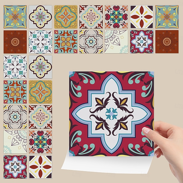  24 pegatinas de azulejos de estilo marroquí, calcomanías de pared de PVC con película de cristal engrosada, impermeables &Decoración de pared de azulejos retro extraíbles y a prueba de aceite para
