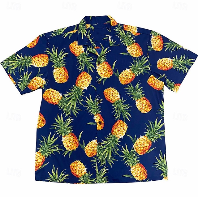  Herr Ananas Skjorta Hawaii skjorta Aloha skjorta Kortärmad Skjorta Nedvikt Tropisk Mode Hawaiisk Ledigt Hawaiisk Helgdag Marinblå 3D-tryck S M L